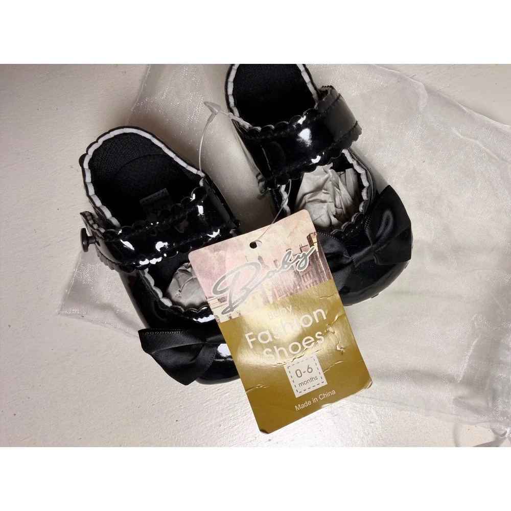 Baby Fashion Shoes Mary Janes Baby 0-6M Black New Patent Leather Bow Scalloped